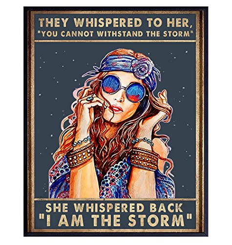Boho Hippie Inspirational Wall Decor – She Whispered Back I Am The Storm – Positive Quotes Wall Art – Motivational Poster – Encouragement Gifts for Women – Rustic Bedroom Living Room Home Office