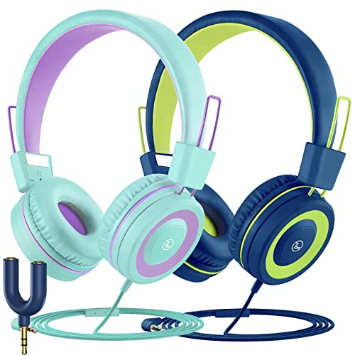VotYoung Kids Headphones with Microphones, Wired Kids Headsets with 91dB Volume Limit & Share Splitter for Kids Girls Boys, HD Stereo Sounds On Ear Headset for iPad/Fire Tablet/Travel(2-Pack)