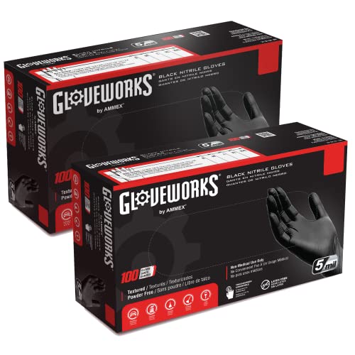 GLOVEWORKS Black Disposable Nitrile Industrial Gloves, 5 Mil, Latex & Powder-Free, Food-Safe, Textured, Large, 2 Boxes of 100