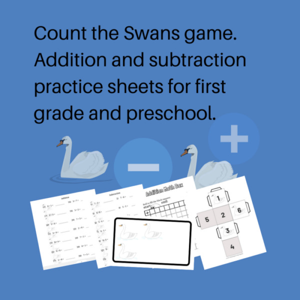 Count the Swans game. Addition and subtraction practice sheets for first grade and preschool.