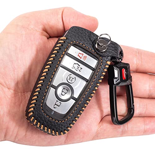 for Ford Key Fob Cover with Keychain, Genuine Leather Keyless Entry Car Smart Key Case Protector Holder Compatible with 2017-2021 Mustang Fusion Explorer Escape F150 F250 F350 F450 F550 Edge