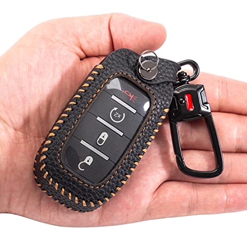 for Ram Key Fob Cover with Keychain Leather Remote Car Smart Control Key Case Protector Holder Compatible with Dodge RAM 1500 2500 3500 4500 5500 2019-2022