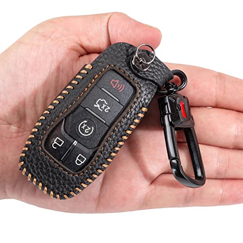 YONUFI for Ford Key Fob Cover with Keychain, Genuine Leather Keyless Entry Car Smart Key Case Protector Holder Compatible with Ford Fusion Mustang F-150 Edge Explorer Lincoln MKZ MKC NAUTILUS