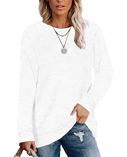 UQOIIL Womens Sweatshirts Crewneck Basic Solid Color Tops Fall Clothes 2022 Sweaters Long Sleeve Shirts White L