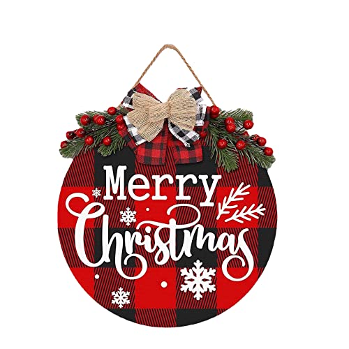 Merry Christmas Decorations Wreath, Welcome Sign Front Door Decor, Merry Christmas Buffalo Plaid Hanging Sign Rustic Wooden Holiday Decor for Front Door Porch Home Window Wall Christmas Decorations