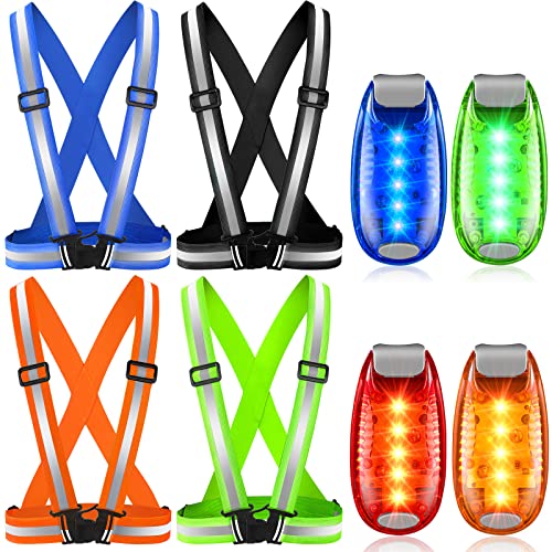 8 Pieces Reflective Running Gear Including 4 Reflective Vest and 4 LED Safety Light High Visibility Safety Vest and Clip on Strobe Running Lights for Runners Joggers Walkers Kids Dog Collars Bikes