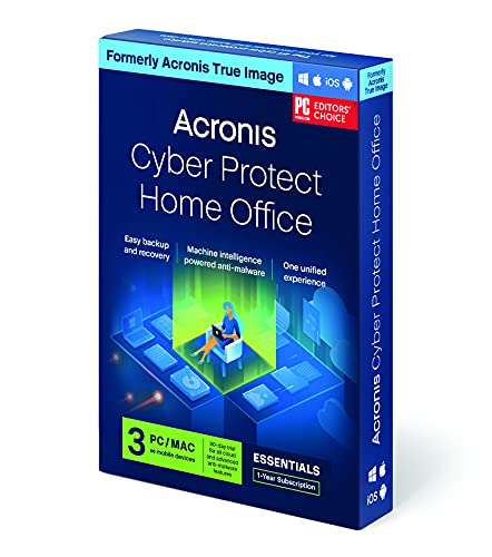 Acronis Cyber Protect Home Office (formerly Acronis True Image) | Essentials Version | 3 PC/Mac | Personal cyber protection | Local backup, cloning, recovery, anti-ransomware and more | 1-year