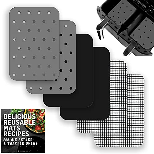 Air Fryer Reusable Mats Accessories for Ninja Foodi Dual DZ201, Double Basket Ninja Air Fryer, Food Safe, Easy to Clean Air Fryer Liners, Perforated Mat Set with Air Fryer Cookbook by INFRAOVENS