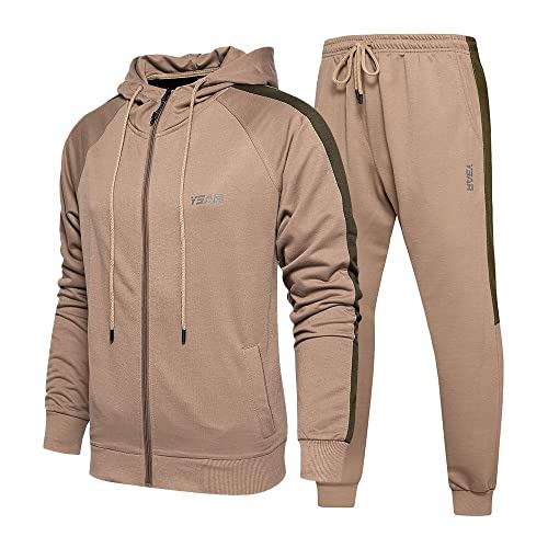 DUOFIER Men’s Slim Fit Tracksuit Long Sleeve Full Zip Athletic Running 2 Pcs Sweatsuit Set, Khaki-M