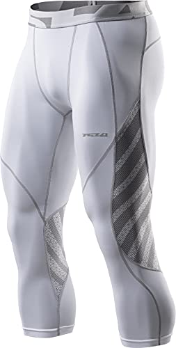 TSLA Men’s 3/4 Compression Pants, Running Workout Tights, Cool Dry Capri Athletic Leggings, Yoga Gym Base Layer, X-Vent Capris White, X-Large