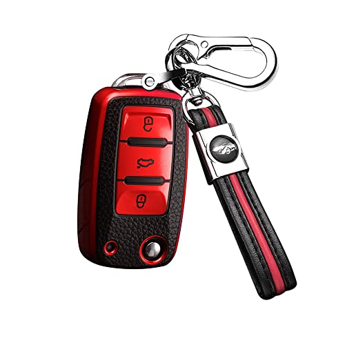 SANRILY for Volkswagen Key Fob Cover Keyless Keychain Holder Full Protector Leather Texture Key Fob Shell Case for VW Jetta Passat Tiguan Golf-Red
