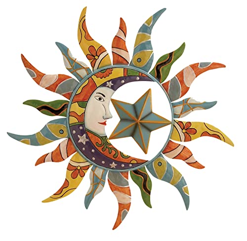 Deco 79 Metal Sun and Moon Indoor Outdoor Wall Decor with Abstract Patterns, 36″ x 2″ x 36″, Multi Colored