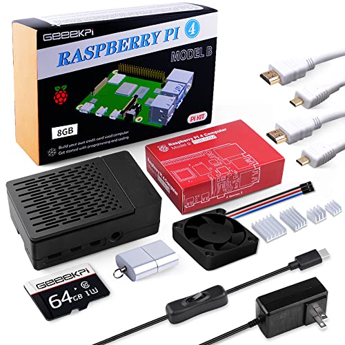 GeeekPi Raspberry Pi 4 8GB Starter Kit – 64GB Edition, Raspberry Pi 4 Case with PWM Fan, Raspberry Pi 18W 5V 3.6A Power Supply with ON / Off Switch, HDMI Cables for Raspberry Pi 4B (8GB RAM)