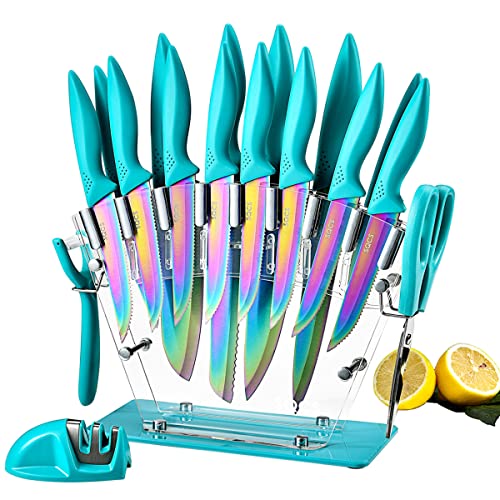 Rainbow Knife Set,18 Pcs Kitchen Knives Set, Sharp Stainless Steel Knife Sets Contain 8 Steak Knives, Sharpener, Peeler, Clear Acrylic Stand, Beautiful Knife, Best Gift (Turquoise, 18PCS Set)