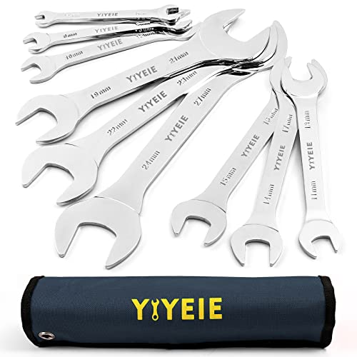 YIYEIE Super-Thin Open End Wrench Set, 9-Piece Metric, 5.5mm to 27mm, Chrome Vanadium Steel With Mirror Polish, Ultra-Slim Wrench Set with Rolling Pouch