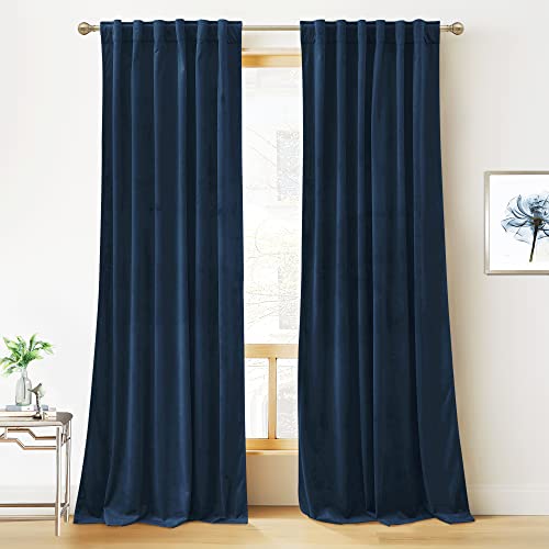 RYB HOME Velvet Curtains – Blackout Curtains for Living Room,Thermal Insulated Noise Reducing Panel Soft Luxury Vertical Sense Window Decor for Cottage Farmhouse, Navy Blue, W52 x L120 inch, 2 Panels