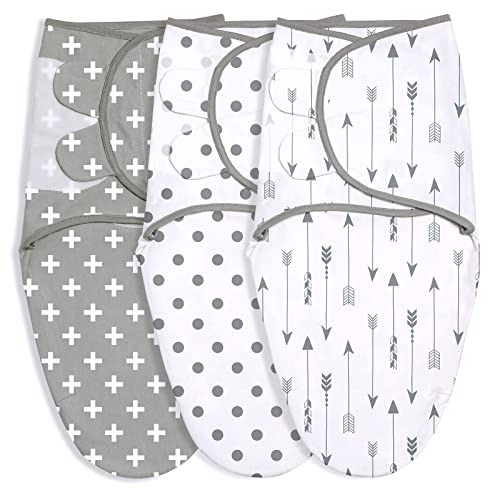 GLLQUEN BABY Swaddles for 0-3 Months Boy or Girl, Adjustable Newborn Swaddle Blanket,3 Pack Wraps Set,Grey Wave Point & Arrow Pattern Baby Sleep Sack