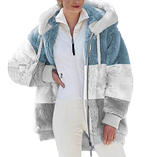 Mimacoo Fluffy Fleece Winter Coats for Womens Color Block Long Sleeve Faux Fur Jackets Zip Up Hooded Outwear Coats