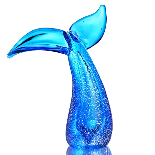 QFkris 5.5in Modern Art Hand Blown Glass Whale Tail Figurine Collectibles Glass Art Marine Animals Sculpture Table Ornament Kids Gift Home Fish Tank Decor (Blue)