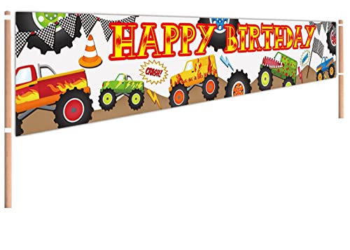 CHXSM Large Monster Truck Happy Birthday Banner Monster Truck Birthday Party Supplies Decoration Smash Crash Monster Truck Birthday Decorations (9.8×1.6 FT)