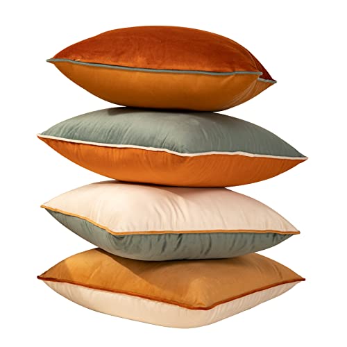 Plaid Pillow Covers 18×18 Inch Set of 4 Soft Velvet Decorative Throw Pillow Covers Square Cushion Case Solid Cushion Covers Modern Double-Colored Pillowcases for Home Couch Decoration Orange/Teal