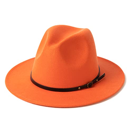 HUDANHUWEI Women’s Classic Wide Brim Fedora Hat with Belt Buckle Felt Panama Hat Light Orange