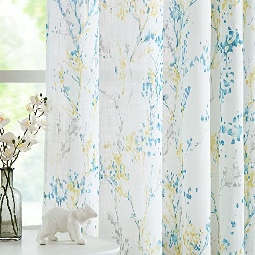 Branch Semi Sheers Curtains Living-Room 84inch Long Yellow Teal Watercolor Print Tree Curtain Drapes for Bedroom Linen Textured Look Privacy White Sheer Window Panels for Dining Grommet Top 2pcs