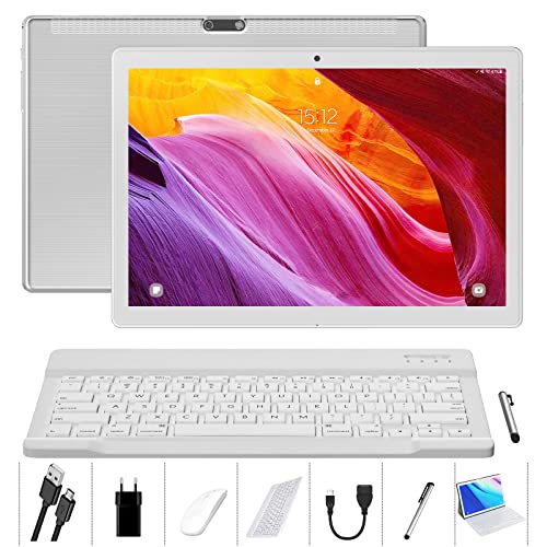 LNMBBS Android Tablet 10 Inch, 4GB RAM 64GB Storage, Android 10.0, Octa-Core Processor, Tablet with Keyboard, Large Battery, Dual Camera, Wi-Fi, Bluetooth, GPS, Mouse,Tablet Cover, Tablet,Silver