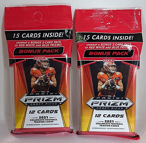 TWO 2021 Panini Prizm Draft Football Factory Sealed Cello Value Pack Lot 30 Total Cards (2 Packs of 15 Cards) THREE Exclusive Red White Blue Prizms Per Pack Chase Rookie Cards of Trevor Lawrence (1st Overall Pick Jacksonville), Zach Wilson (New York Jets)