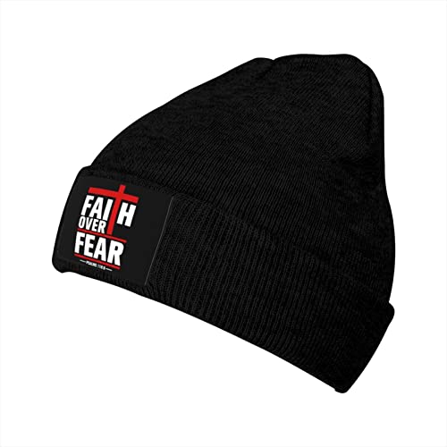 Christian Faith Over Fear Knit Cuffed Beanie Cap Winter Ski Caps Thick Lined Acrylic Watch Hat Hedging Skull Hats for Men Women Hunting Fishing Caps Black