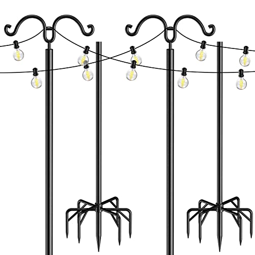 Outdoor String Light Pole 2 Pack, Light Poles for Outside String Lights, 7-Prong Backyard Steel Patio Light Poles with 2 Optional Hooks and Fence Brackets for Deck Garden Holiday Wedding