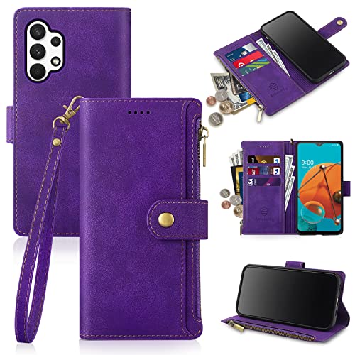 Antsturdy for Samsung Galaxy A32 (6.5 Inch) 5G Wallet Case,PU Leather Folio Flip Protective Cover with Wrist Strap [RFID Blocking] [Zipper Poket] Credit Card Holder [Kickstand Function] Women Purple