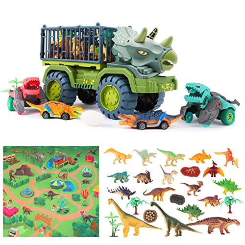 AEECASI Dinosaur Toy Truck for Boys 3-5, Dinosaur Transport Car Carrier with Dinosaur Toys, Pull Back Cars, Transforming Cars, Activity Play Mat, Dinosaur Car Playset Birthday for Kids