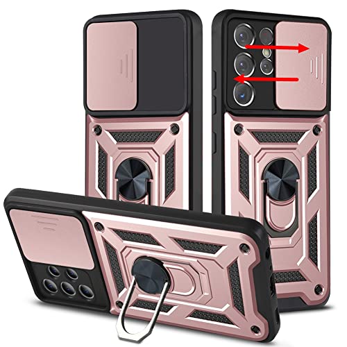 LOOBIVAL for Samsung Galaxy S21 Ultra Case, Slide Camera Lens Cover with Ring Kickstand Hybrid Armor Hard Luxury Phone Case for Galaxy S21 Ultra 5G for Women Men (Rose Gold, for Samsung S21 Ultra)