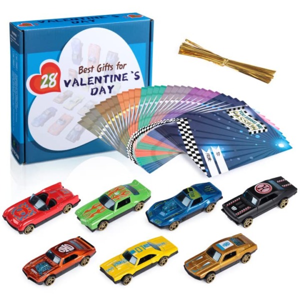 ThinkMax Valentins Day Cards for Kids with 28 Pack Mini Die-Cast Metal Cars, Valentines Classroom Gift Exchange Party Favor Supplies for Boys Girls.