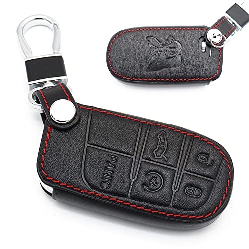 Zeming Genuine Leather fob Key Cover for Dodge Charger Challenger Scat pack Accessories Keychain Key Chain case Holder Shell Bag Protector Shell (Black), Universal
