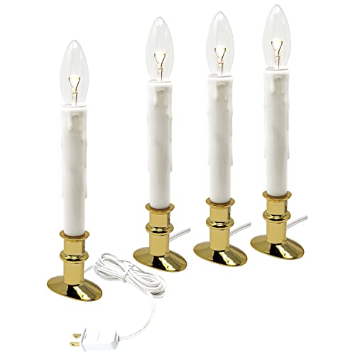 612 Vermont Electric LED Window Candle with Clear Bulb, Automatic Timer, Metal Slimline Base, VT-9133-BW-R4 (Polished Brass, Pack of 4)