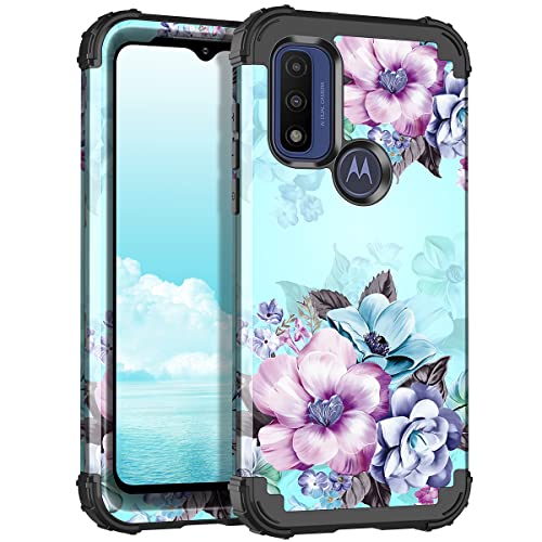 Casetego for Moto G Pure 2021 Case,Floral Three Layer Heavy Duty Sturdy Shockproof Soft Silicone Rubber+Hard Plastic Bumper Protective Cover Case for Motorola Moto G Pure 2021,Blue Flower