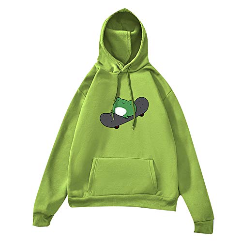 MINGE Anime Hoodies For Women Pullover Cute Sweatshirts Skateboarding Frog Long Sleeve Hoodie Tops(Green,L)
