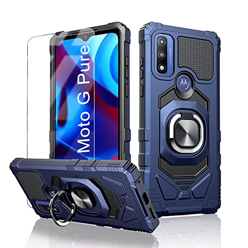 for Motorola Moto G Pure Case: with Tempered Screen Protector & Built in 360° Adjustable Ring Kickstand Shockproof Protection TPU Bumper Armor Design Phone Cover for Moto G Pure – Blue