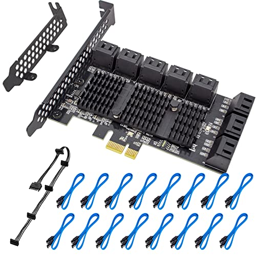 ACTIMED PCIE SATA Card 16 Port with 16 SATA Cable, 6 Gbps SATA 3.0 Controller PCI Express Expansion Card with Low Profile Bracket, Support 16 SATA 3.0 Devices, Compatible with Windows,MAC,Linux System