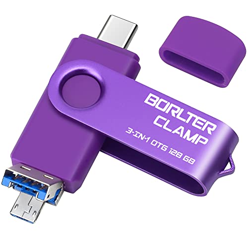 128GB 3 in 1 USB 3.0 Flash Drive Photo Stick for Android Phones, BorlterClamp OTG Memory Stick with 3 USB Ports (USB C, microUSB, USB A) for Samsung Galaxy, LG, Tablets, PC and More, Purple