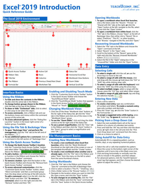 Microsoft Excel 2019 Introduction Quick Reference Training Guide Cheat Sheet