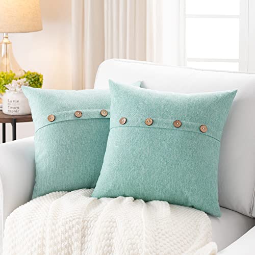 Set of 2 Seafoam Green Square Pillow Covers 16 x 16 Summer Beach Pillow Covers with Coconut Buttons for Sofa Couch Living Room Bedroom Farmhouse Décor for The Home