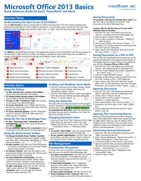 Microsoft Office 2013 Basics Quick Reference Training Guide Cheat Sheet