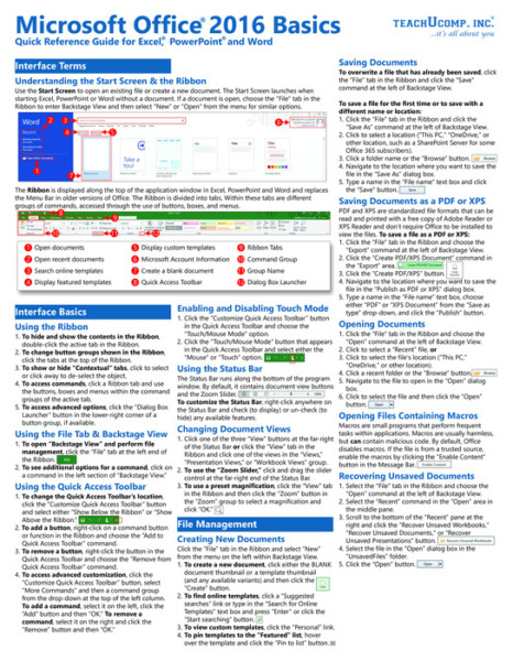 Microsoft Office 2016 Basics Quick Reference Training Guide Cheat Sheet