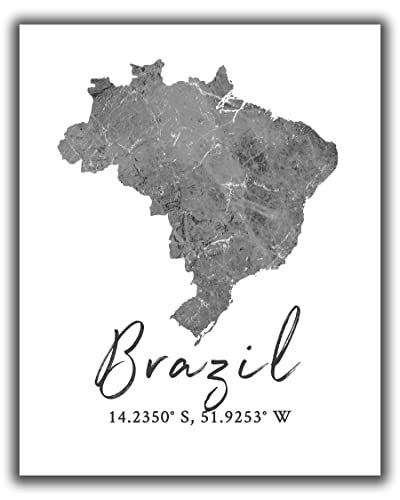 WESTBROOK DESIGN STUDIO Brazil Map Wall Art Print – 8×10 Silhouette Decor Print with Coordinates. Makes a Great Brazil-Themed Gift. Shades of Grey, Black & White.