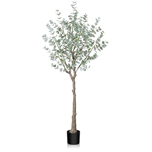 SOGUYI 5ft Artificial Eucalyptus Tree, Fake Eucalyptus Tree with White Silver Dollar Leaves, Silk Faux Eucalyptus Tree with Plastic Nursery Pot, Artificial Plants for Home Office Indoor Decor,1 Pack