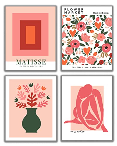 WESTBROOK DESIGN STUDIO Matisse-Inspired No.53 Wall Art Prints. Set of 4 – 11×14 UNFRAMED Abstract, Minimalist Aesthetic Wall Decor. Shades of Dusty Pink, Orange & Green on White.