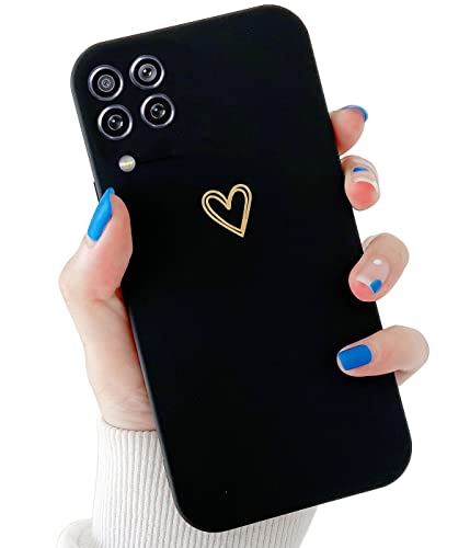 Qokey Compatible for Samsung Galaxy A12 Case 6.5 inch, Plated Love Phone Case, Cute Small Gold Heart Pattern Soft Shockproof Protective Liquid Silicone TPU Case for Girls Women Men,Black
